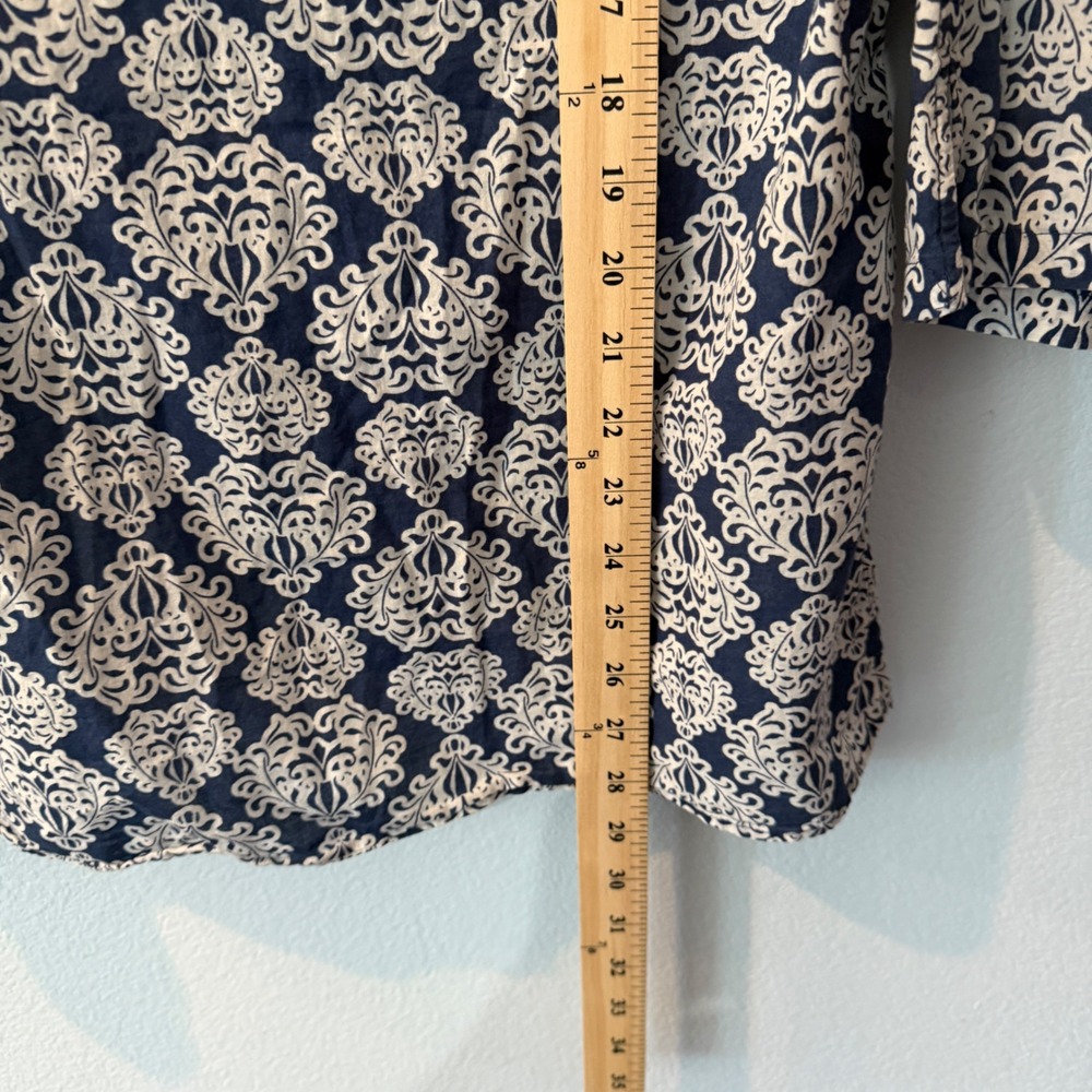 Talbots Plus 1X Navy Blue Damask Cotton Tunic Coastal Boho Crochet Lace Trim Top - Picture 8 of 12